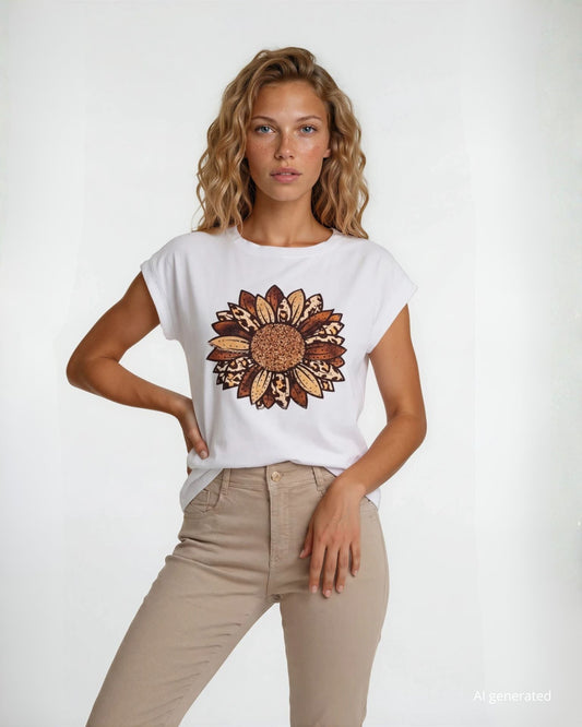T-shirt in cotone con maniche a kimono e stampa maculata con strass