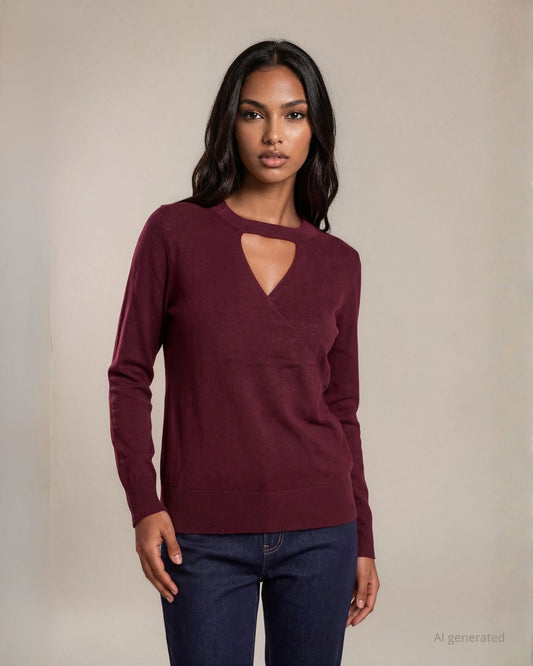 Maglia incrociata filato lurex con bordi a coste e dettaglio sullo scollo merlot