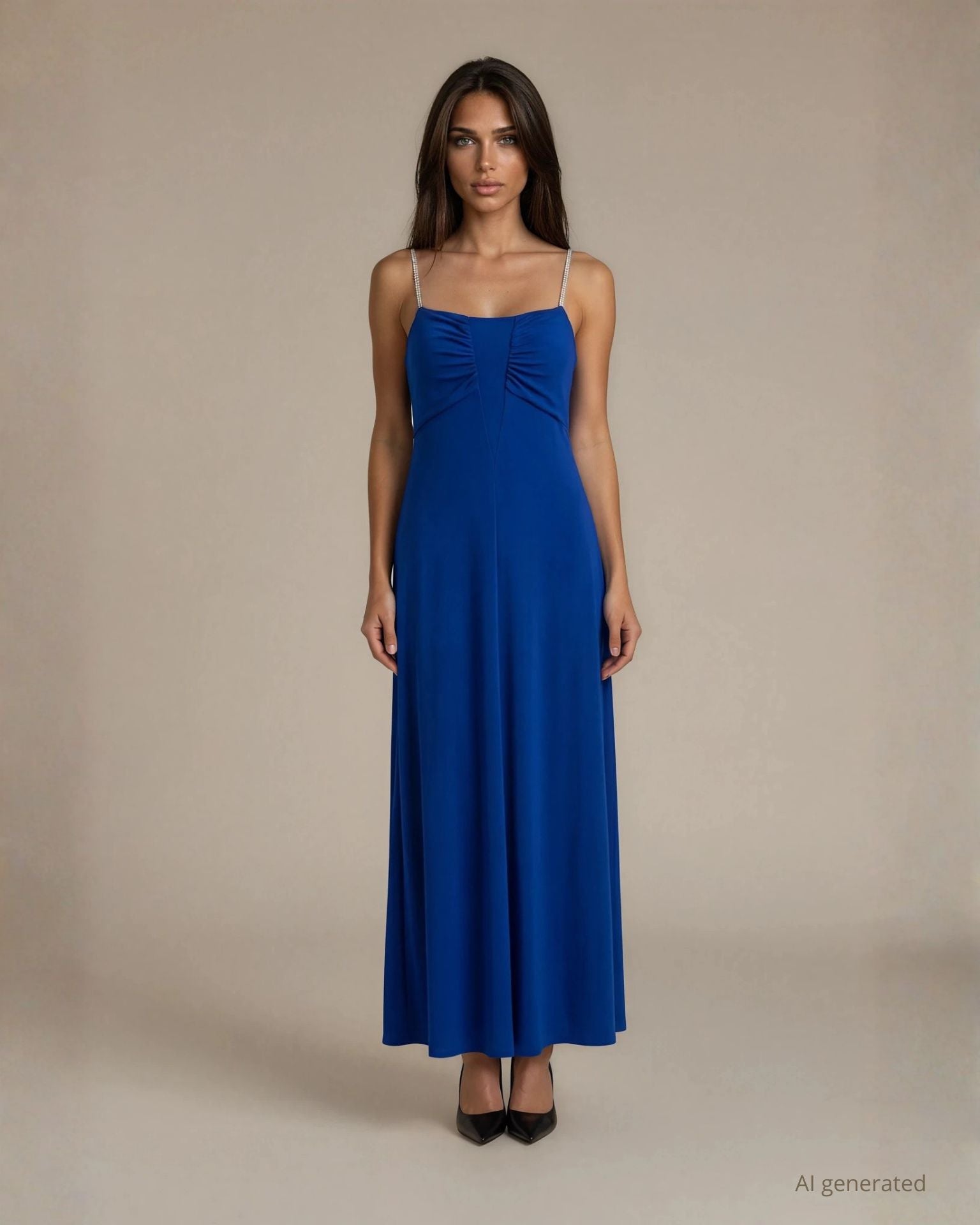 Vestito lungo royal in maglia con inserto in georgette a V sullo scollo e spalline gioiello