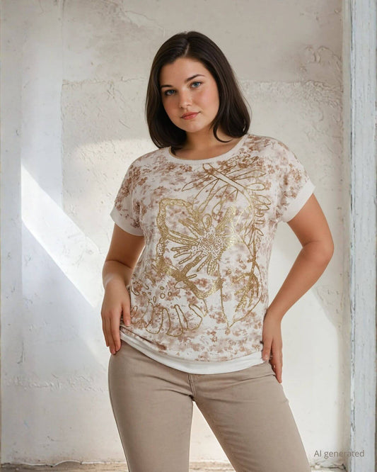 T-shirt con stampa oro e bordi curvy