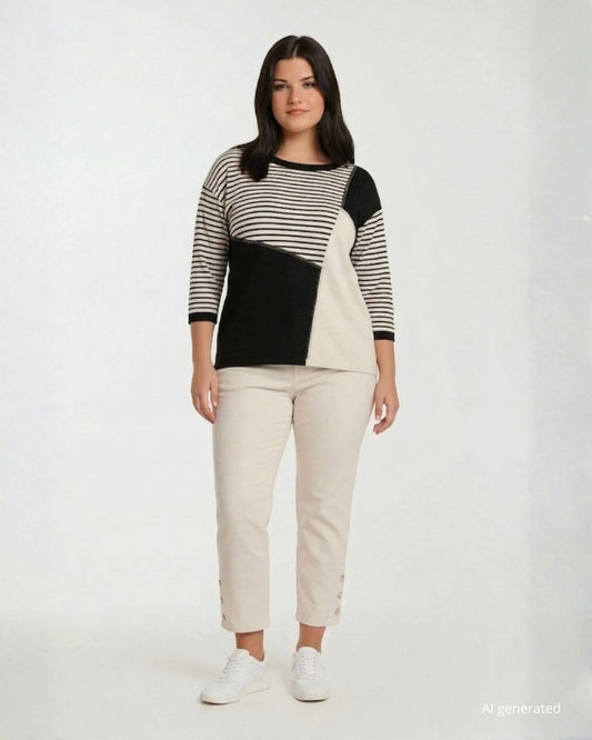 Maglia bicolore con righe e strass curvy