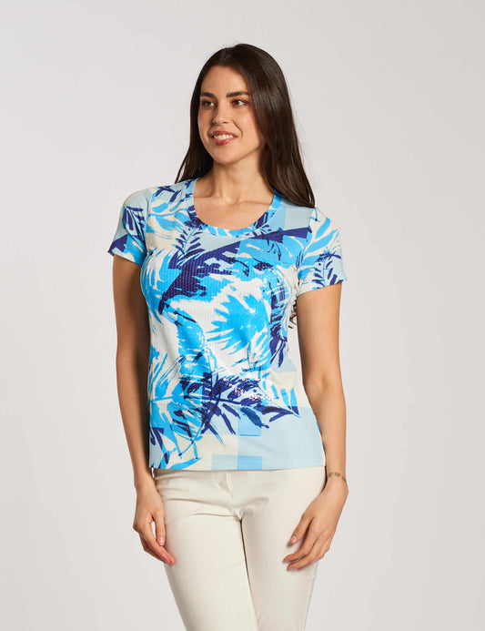 T-shirt stampa foglie con paillettes