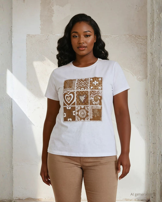 T-shirt in cotone con stampa e ricami di perle e pietre