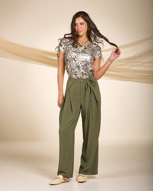 Pantalone in bollito militare a vita alta con zip e pieghe in vita