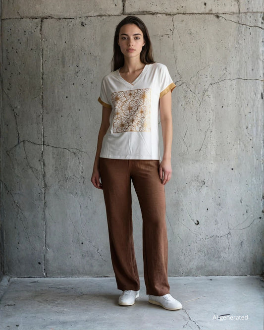 T-shirt in viscosa con stampa e bordi dorati