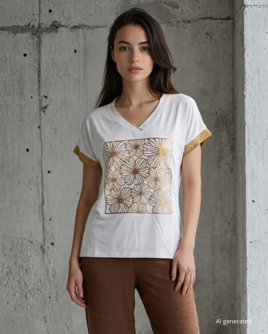 T-shirt in viscosa con stampa e bordi dorati
