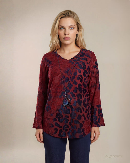 Casacca in jersey devorato fantasia con polsi svasati e collana inclusa curvy
