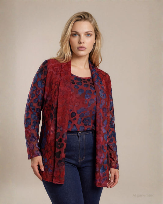 Finto bolero in jersey fantasia devorato con scollo a scialle curvy