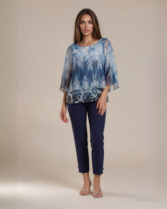 Poncho in georgette fantasia blu con top e paillettes sul fondo