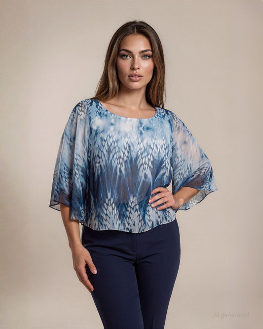 Poncho in georgette fantasia blu con top e paillettes sul fondo