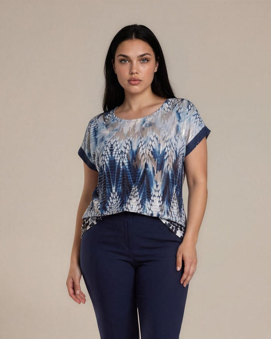 Maglia a scatola fantasia blu con dettagli in lamina dorata e paillettes sulle maniche