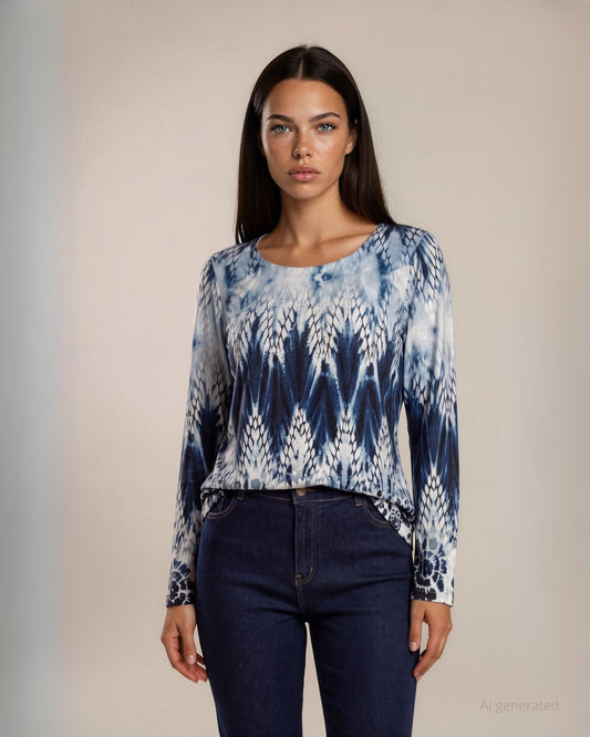 Maglia stampata fantasia blu con impunture al collo e strass sul fronte
