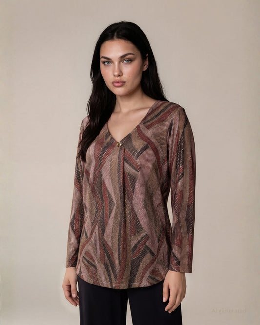 Maglia scollo a V in tessuto lurex laminato fantasia con piega e spilla curvy