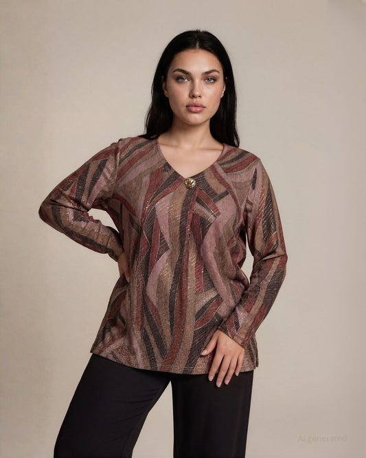 Maglia scollo a V in tessuto lurex laminato fantasia con piega e spilla curvy