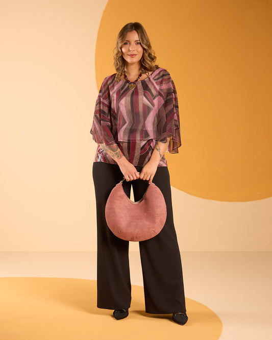 Poncho in georgette fantasia con top interno e fondo di paillettes curvy