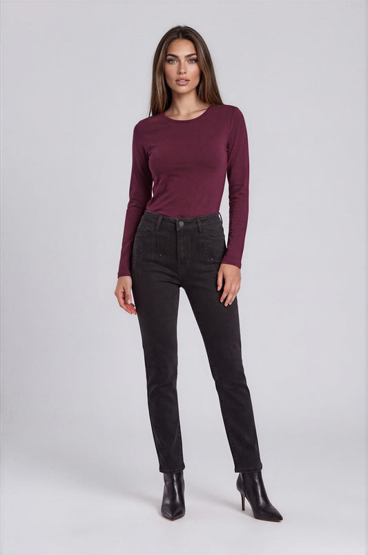 Maglia basica a manica lunga girocollo tinta unita merlot