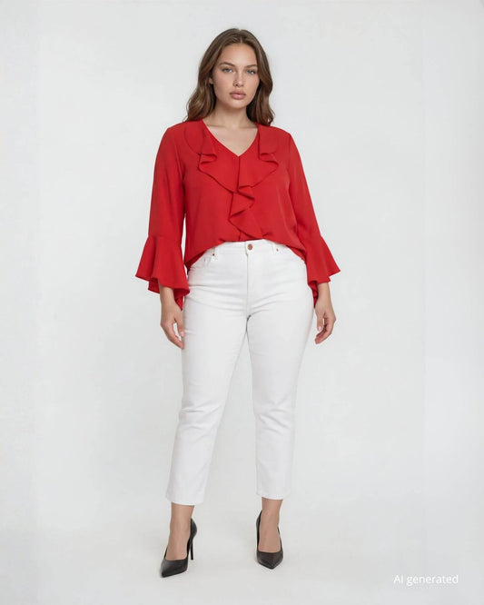 Camicia con volants sullo scollo rosso curvy