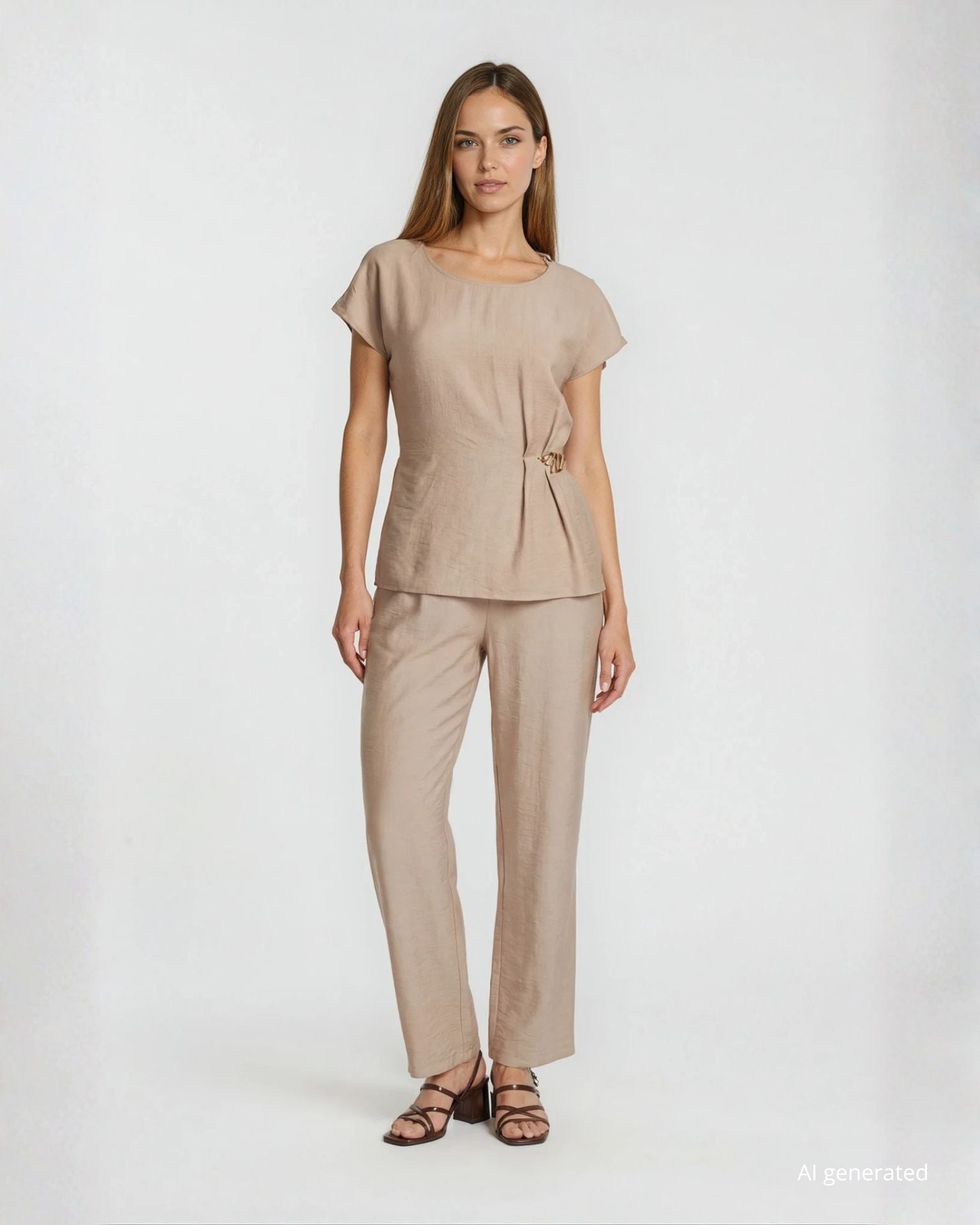 Pantalone palazzo in viscosa con elastico sabbia