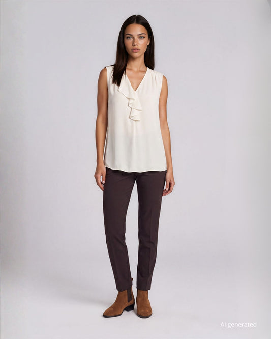 Top in georgette color avorio con mezzo volant sullo scollo