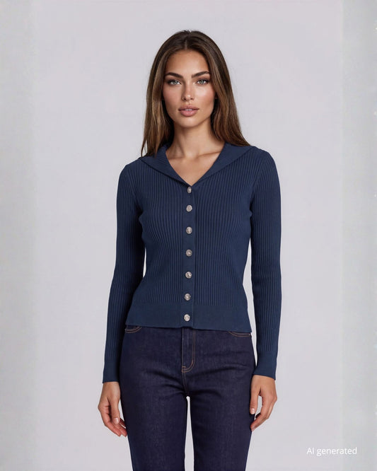 Cardigan a coste con colletto e bottoni blu