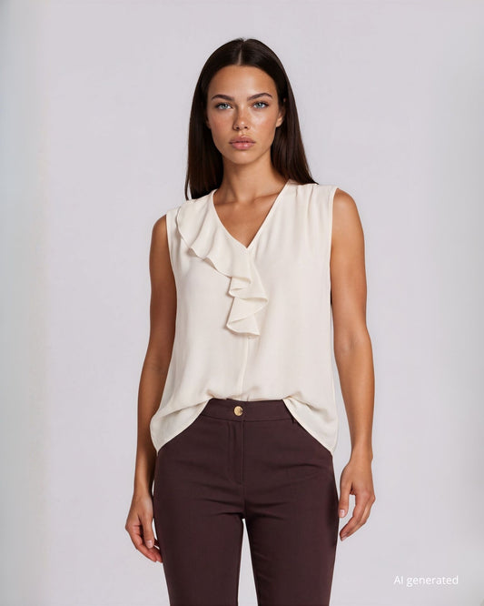 Top in georgette color avorio con mezzo volant sullo scollo
