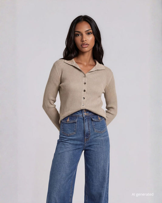 Cardigan a coste con colletto e bottoni cacha