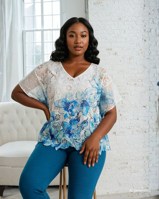Poncho fantasia blu in pizzo stampato con alette in rete e scollo a V