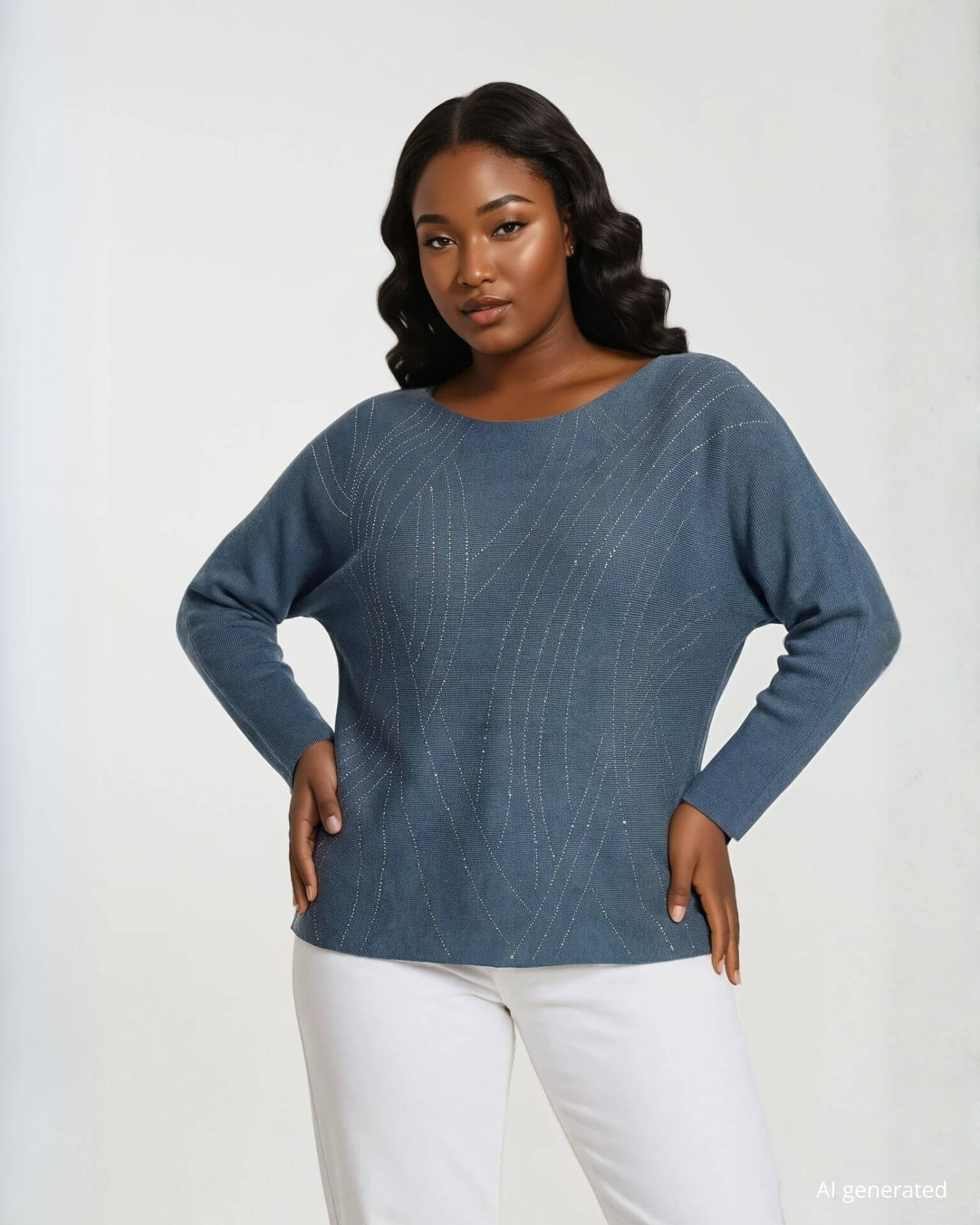 Maglia con strass e fondo stondato denim curvy