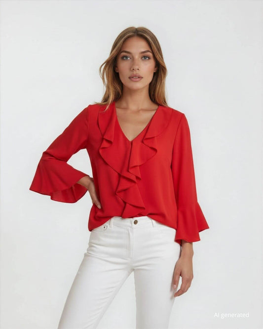Camicia con volants sullo scollo rosso