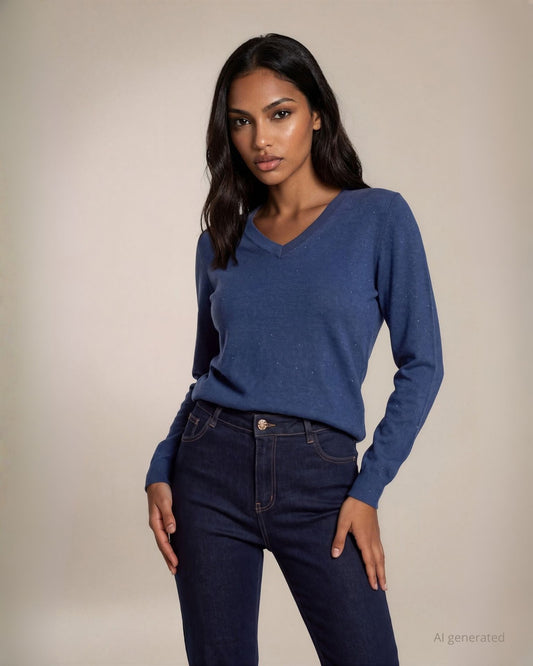 Maglia basica in filato lurex con maniche lunghe e scollo a V denim