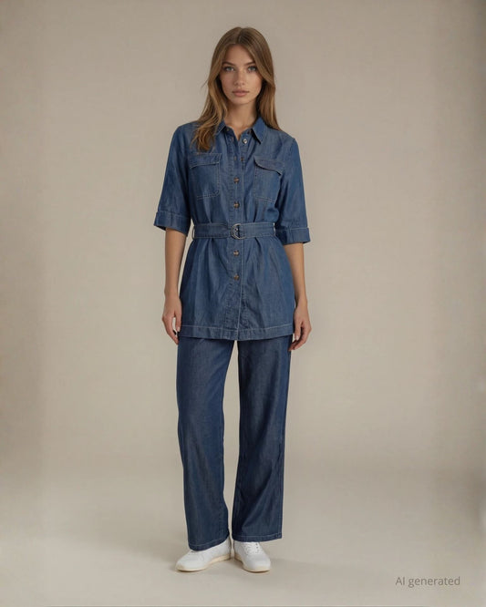 Camicia lunga in chambray con tasche e cintura