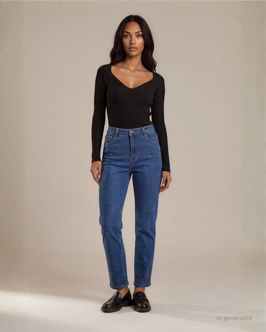 Maglia basica raglan aderente con coste sullo scollo a V nero