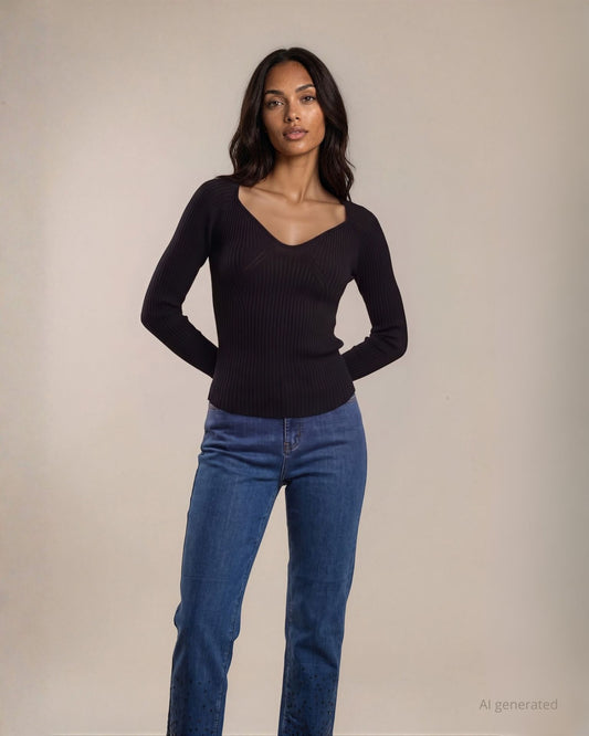 Maglia basica raglan aderente con coste sullo scollo a V nero