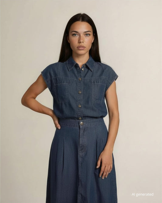 Casacca a kimono in chambray con tasche e colletto