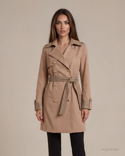 Trench impermeabile con inserti e cintura in tessuto bouclè