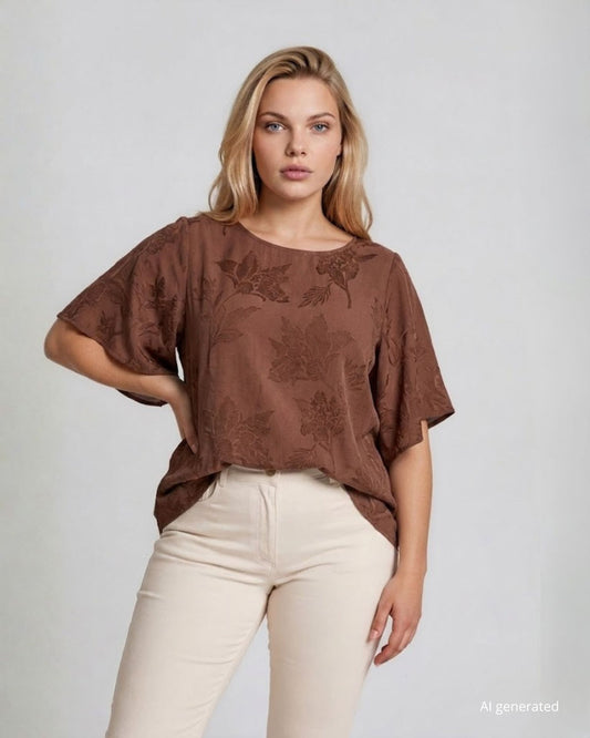Casacca in jacquard viscosa motivo floreale con maniche ad ala cioccolato curvy