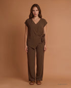 Pantalone palazzo in viscosa bollito con elastico in vita cioccolato curvy