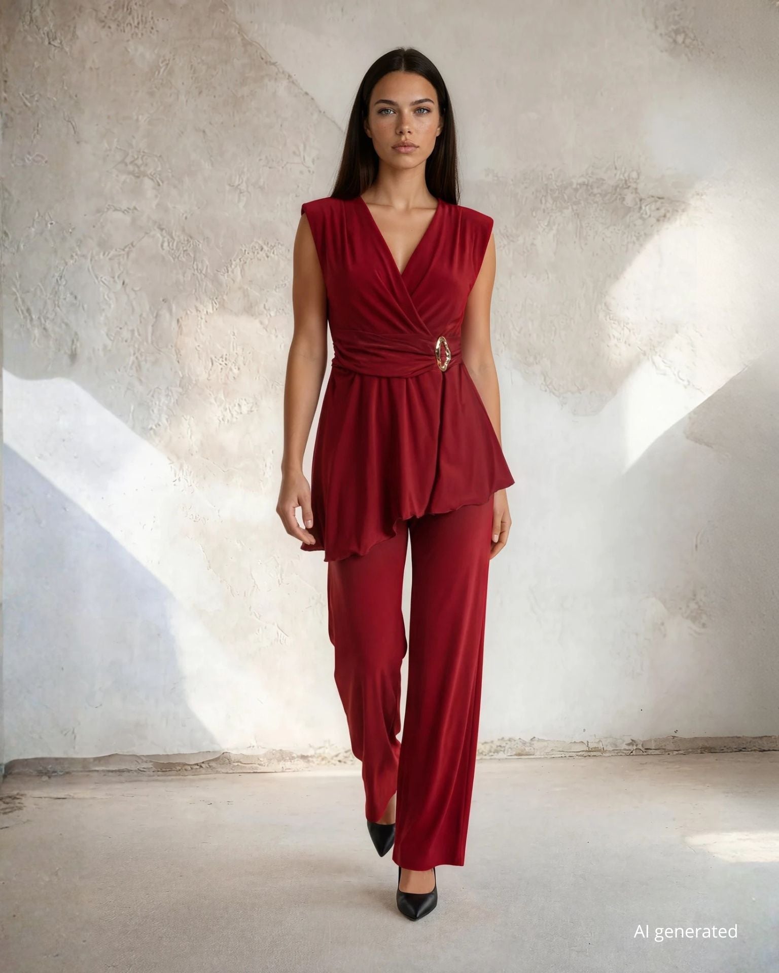 Pantalone in jersey largo a palazzo con elastico e dettaglio in vita rosso