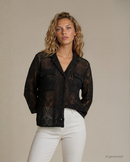 Giacca in pizzo revers con tasche e bottoni sul fronte nero