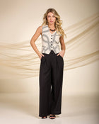 Pantalone largo con pieghe e cinturina in raso maculata nero