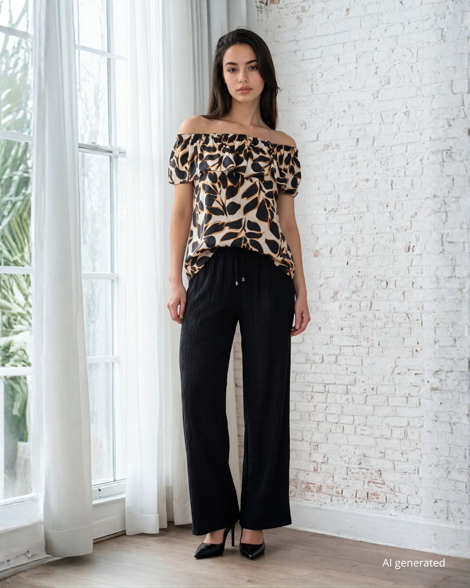Pantalone largo in viscosa effetto plissè con elastico e coulisse in vita