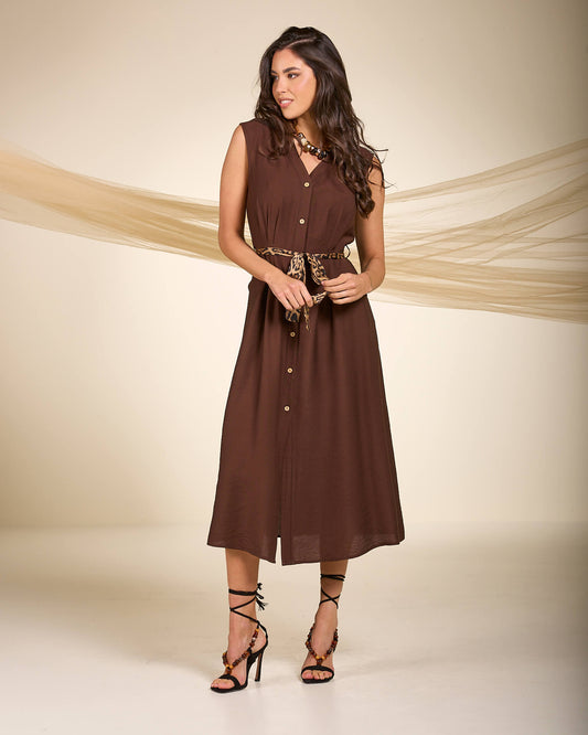 Vestito lungo chemisier con colletto e cinturina in raso maculata cioccolato