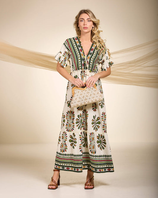 Vestito lungo in viscosa fantasia con abbassamento e gonna a balze