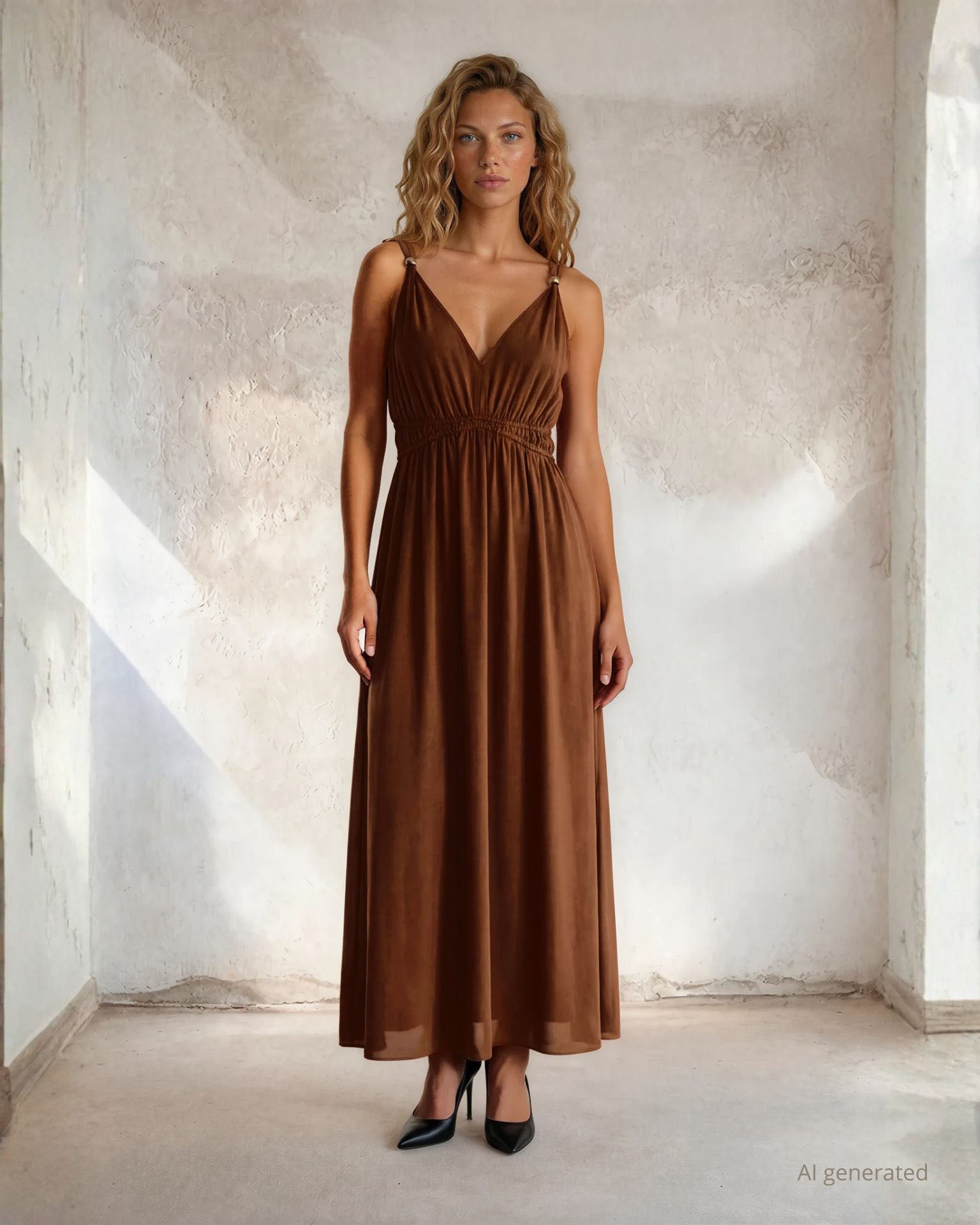 Vestito lungo color cioccolato con elastico in vita e dettaglio di perle sulle spalline