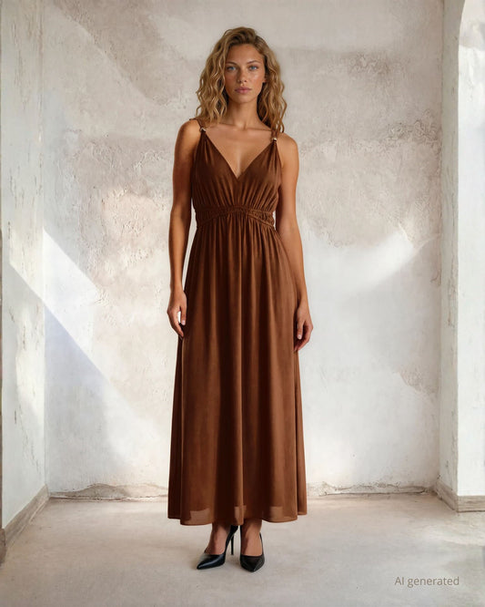 Vestito lungo color cioccolato con elastico in vita e dettaglio di perle sulle spalline