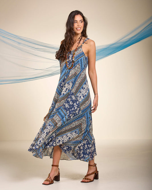 Vestito lungo fantasia svasato in georgette foderata con dettaglio perle sulle spalline