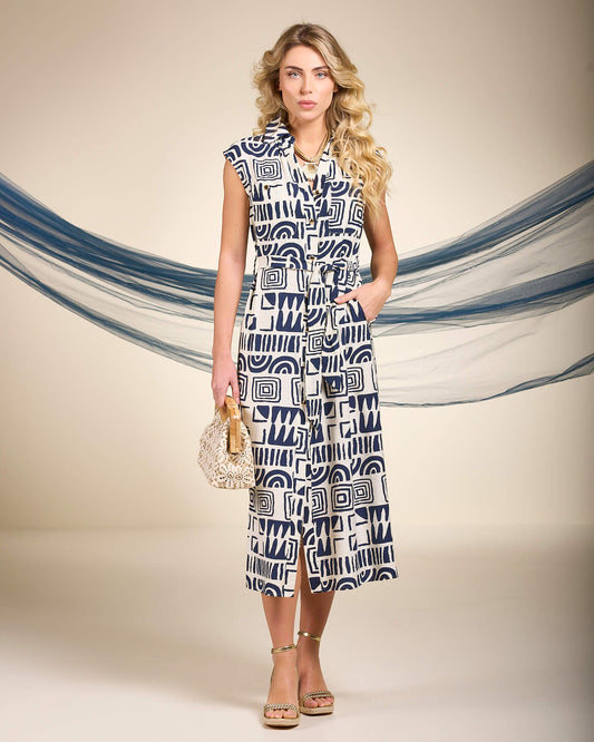 Vestito chemisier lungo in viscosa fantasia con colletto e cinturina