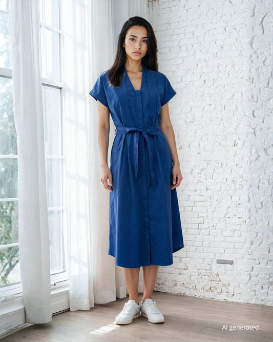 Vestito midi in cotone a kimono blu con pieghe e cinturino in vita
