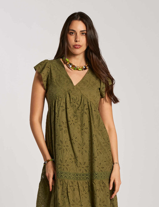 Vestito corto in pizzo sangallo militare con balze