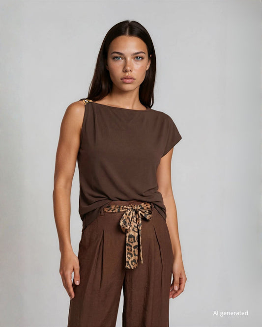 T-shirt asimmetrica in cotone con dettaglio nodo sulla spalla cioccolato